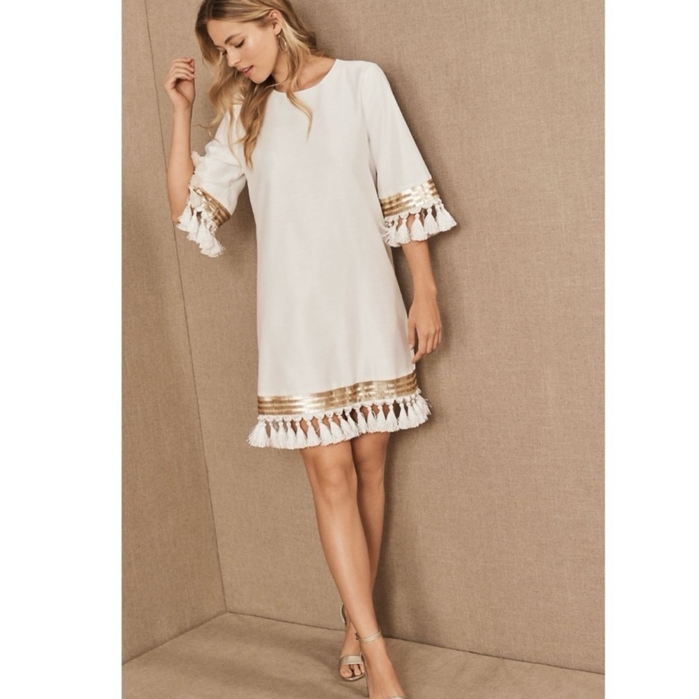 Mestiza Gold and White Sheath Dress with Bell tassel Sleeves